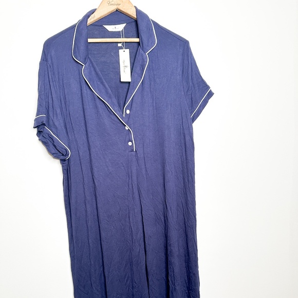 Plus Size Short Sleeve Button Down Navy nightgown with White Piping  1X - Picture 2 of 7